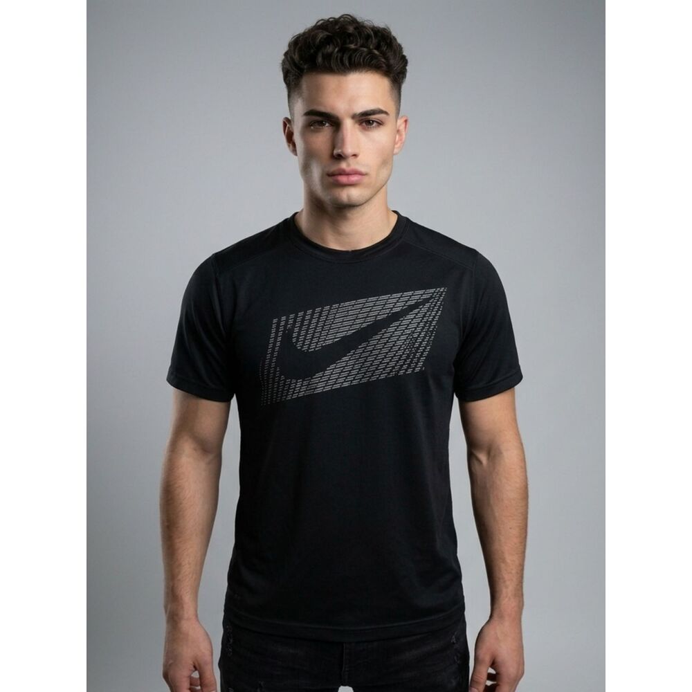Nike Dri Fit Shirt Mens Large Black Short Sleeve Big Swoosh Box Graphic Tee Gym
